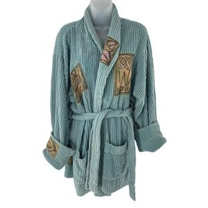 Vintage Blue Fish Robe Blue Chenile Cotton Mid Length Patches Hand Printed USA
